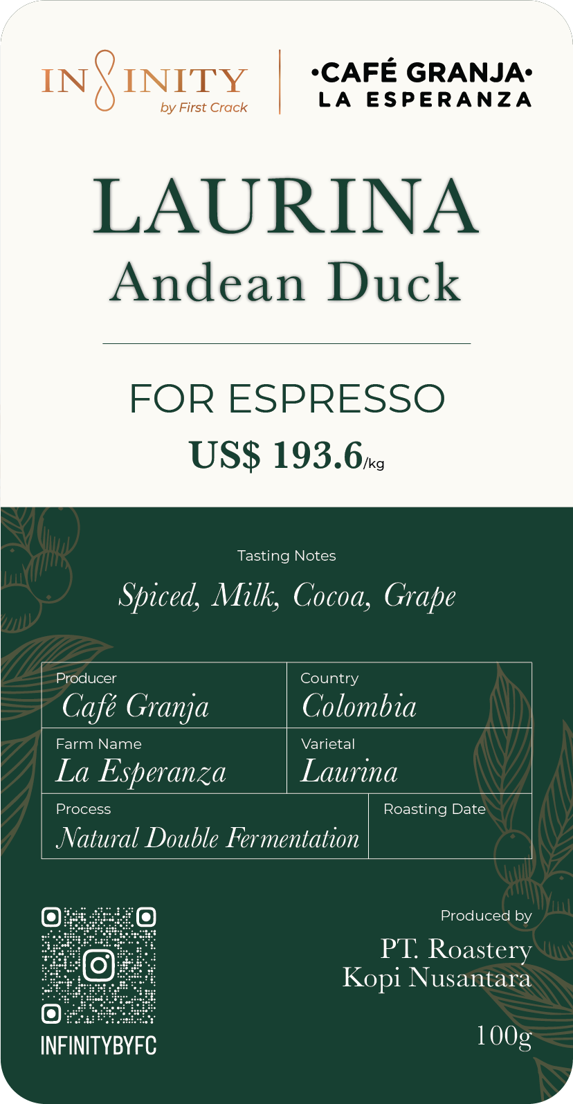 CGLE - Andean Duck Laurina 100gr (For Espresso)